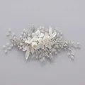 Elegant bridal hair comb with white ceramic flowers, silver leaves, and sparkly crystals - Silver Pearl Dating Hair Comb Hs-j5434