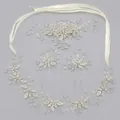 Handmade silver bridal hair accessory set featuring white flowers and light blue beads. - Floral And Leaf Rhinestone Handmade Set Hs-j6689set
