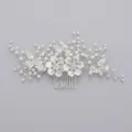 Handmade silver bridal hair comb featuring elegant pearls and rhinestone floral leaves - Silver Pearl Rhinestone Hair Comb Hs-j6082