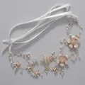 Handmade elegant bridal headpiece with pearls, crystals and flowers on white ribbon ties - Floral And Leaf Luxury Princess Hairband Hs-j5009