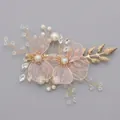 Handmade bridal hair comb featuring elegant mesh flowers pearls and crystal leaves - Everyday Flower And Leaf Handmade Hair Comb Hs-j7111g