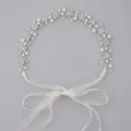Elegant handmade bridal hair vine decorated with pearls, rhinestones, and white ribbon tie - Silver Princess Handmade Hairband Hs-j4519