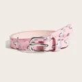 Pink children's belt featuring colorful unicorn and star prints with a silver buckle. - Brown