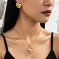 Elegant gold heart jewelry set with colorful enamel pendant necklace and earrings - Colorful Tie-dye Heart Style - Multicolor