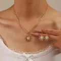 Golden jewelry set featuring sunburst and moon pendants with crystals on snake chain - Sun Flower Style-Gold