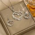 Silver heart jewelry set with necklace and earrings on champagne gold box - Hollow Rhinestone Style - Silver