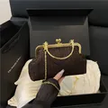 Dark brown woven shell bag with vintage gold frame and chain strap for women - Brown