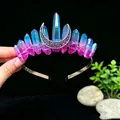 Handmade 11pcs natural crystal crown headband featuring a silver crescent moon ornament - Blue And Rose Red