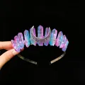 Exquisite handmade aura crystal moon crown headband with vibrant pink and blue stones - Pale Blue