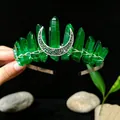 Handmade green crystal headband crown with silver crescent moon ornament - Green