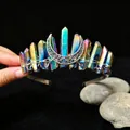 Handmade rainbow aura quartz crystal crown featuring a silver crescent moon headpiece - Multicolor
