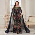 Elegante abito da sera con paillettes e spalle scoperte con maniche lunghe a mantella - 0XL / Blu Notte