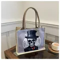 Canvas skull gentleman tote bag in beige with purple print panel and top handles - Beige Panel Gentleman Skull (Style 3)