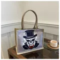 Beige burlap tote bag with a gentleman skull illustration and reinforced woven handles - Jute Texture Gentleman Skull (Style 4)