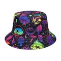 Detailed close-up showing the vibrant neon mushroom print on a black outdoor bucket hat - M (56-58cm) / Black Psychedelic Mushroom & Stars Style (65#)
