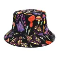 Detailed macro view showing vibrant colorful cartoon mushroom pattern on black bucket hat - Black Colorful Cartoon Mushroom Style (1#)