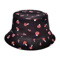 Detailed macro view of a stylish black bucket hat featuring a vibrant red mushroom print. - Black Red and White Cartoon Mushroom Style (10#)