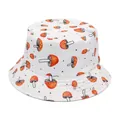 Detailed view of a white bucket hat with vibrant orange mushroom and black dot print - White Orange Mushroom Polka Dot Style (12#)