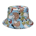 Detailed view of a blue bucket hat featuring colorful mushroom pattern for sun protection - M (56-58cm) / Light Blue Colorful Cartoon Mushroom Style (18#)