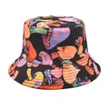 Colorful mushroom print bucket hat with vibrant cartoon patterns on black fabric. - M (56-58cm) / Black Reversible Colorful Mushroom Style (33#)