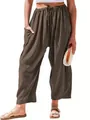 Detail of breathable pleated wide-leg trousers with an adjustable drawstring waist - S / Dark Coffee