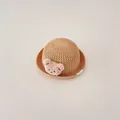 Adorable baby straw sun hat with a cute plush bear decoration for summer beach sun protection - Infant Size / Bear / Coffee