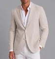 Premium men's slim fit single-breasted casual blazer with light tan stripes design - 3XL / Top (Light Beige Fine Stripe Style (XF57-Khaki)) / Khaki