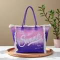Gradient purple canvas tote bag with fringe details and Summer travel print for women - Purple