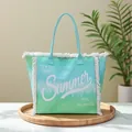 Gradient teal canvas tote bag with fringe edges and Summer time to Travel print - Emerald