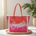 Detail of gradient pink canvas tote bag with white fringes and Summer letter print - Orange Red