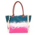 Detail view of colorful gradient canvas tote with fringe trim and Summer text - Watermelon red