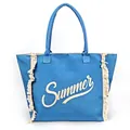 Blue canvas tote bag with Summer print and side fringe tassels for beach and daily use - Royal Blue