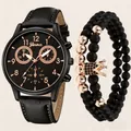 Men's gift set featuring a Geneva black quartz watch and beaded crown bracelet - Black Watch With Bracelet (BZH-A05718-1)