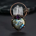 Detailed view of heart-shaped labradorite pendant with copper metalwork and white crystal - Flash Stone (Labradorite)