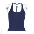 Detail of navy blue ribbed knit crop top featuring a supportive athletic U-neck cut - XS / Blue
