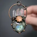 Detailed view of handmade bronze pendant with crystal points and heart labradorite - Labradorite And Rose Quartz / 28mm