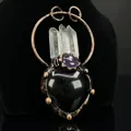 Handmade bronze wire wrapped heart obsidian and amethyst pendant with quartz crystal points - Purple Crystal