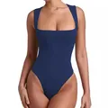 Fashionable dark blue square neck bodysuit with wide straps in stretchy fabric - Navy Blue
