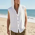 Detail of white linen sleeveless hoodie shirt for men with drawstring and buttons on beach - S / Tops / White