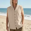 Detail of men's beige sleeveless linen hooded shirt with button closure and drawstring - S / Light Khaki