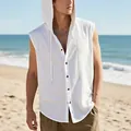 Men's white sleeveless linen hooded shirt with front buttons for casual beach style - White