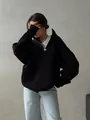 Black oversized half-zip sweatshirt for women with drop shoulder and warm fleece lining - S / Black (Thin Style)