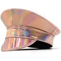 Detailed close-up of rose gold holographic cadet cap with iridescent finish and stitching - L (58-60cm) / Rose Gold Rainbow