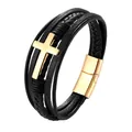 Men's multilayer black braided leather bracelet with golden stainless steel cross - Black with Gold (TZ-1720)