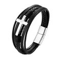 Dettaglio del bracciale multistrato in pelle nera con croce in acciaio inossidabile - 23,00cm / Nero con Argento (TZ-1721)