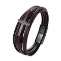 Dettaglio del bracciale multistrato in pelle con croce nera opaca e chiusura magnetica - 21.00cm / Marrone con Nero (TZ-1722)