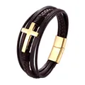 Dettaglio del bracciale multistrato in pelle intrecciata marrone scuro con croce dorata e chiusura - 21.00cm / Marrone con Oro (TZ-1723)