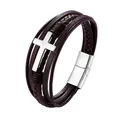 Bracciale multistrato in pelle intrecciata da uomo con croce e chiusura magnetica - 19,00 cm / Marrone con Argento (TZ-1724)