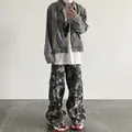 Pantalones cargo de camuflaje con estampado de rosas vintage y pernera ancha para unisex - S / Camuflaje Negro Gris