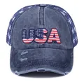 Marineblauwe USA mesh trucker pet met distressed denim en sterrenpatroon gaas - USA Cyaan